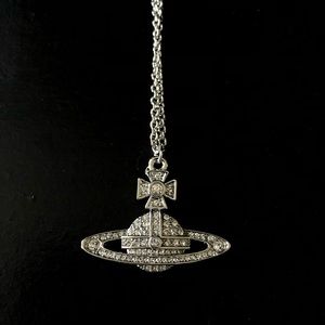 Silver Saturn Orb Necklace W/Clear Jewels